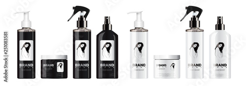 Realistic black and white cosmetic set mockup with white, silver and black lid. With a label depicting a beautiful girl. EPS 10. Vector illustration.