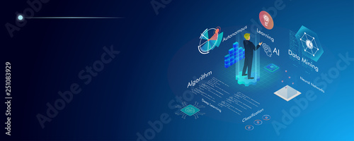 Machine learning, Ai, Data mining, algorithm, algorithm, neural network, deep learning and autonomous. isometric vector concept
