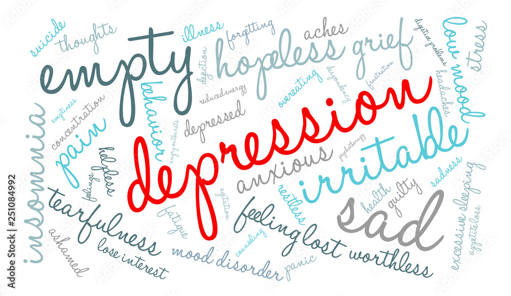 Depression word cloud on a white background. 