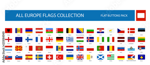 All Europe Flags round rectangle flat buttons isolated on white photo