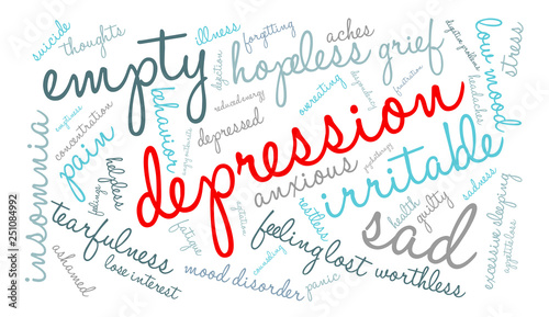 Depression word cloud on a white background. 