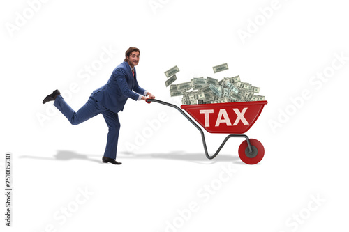 Canvas Print Businessman pushing wheelbarrow full of money in tax concept