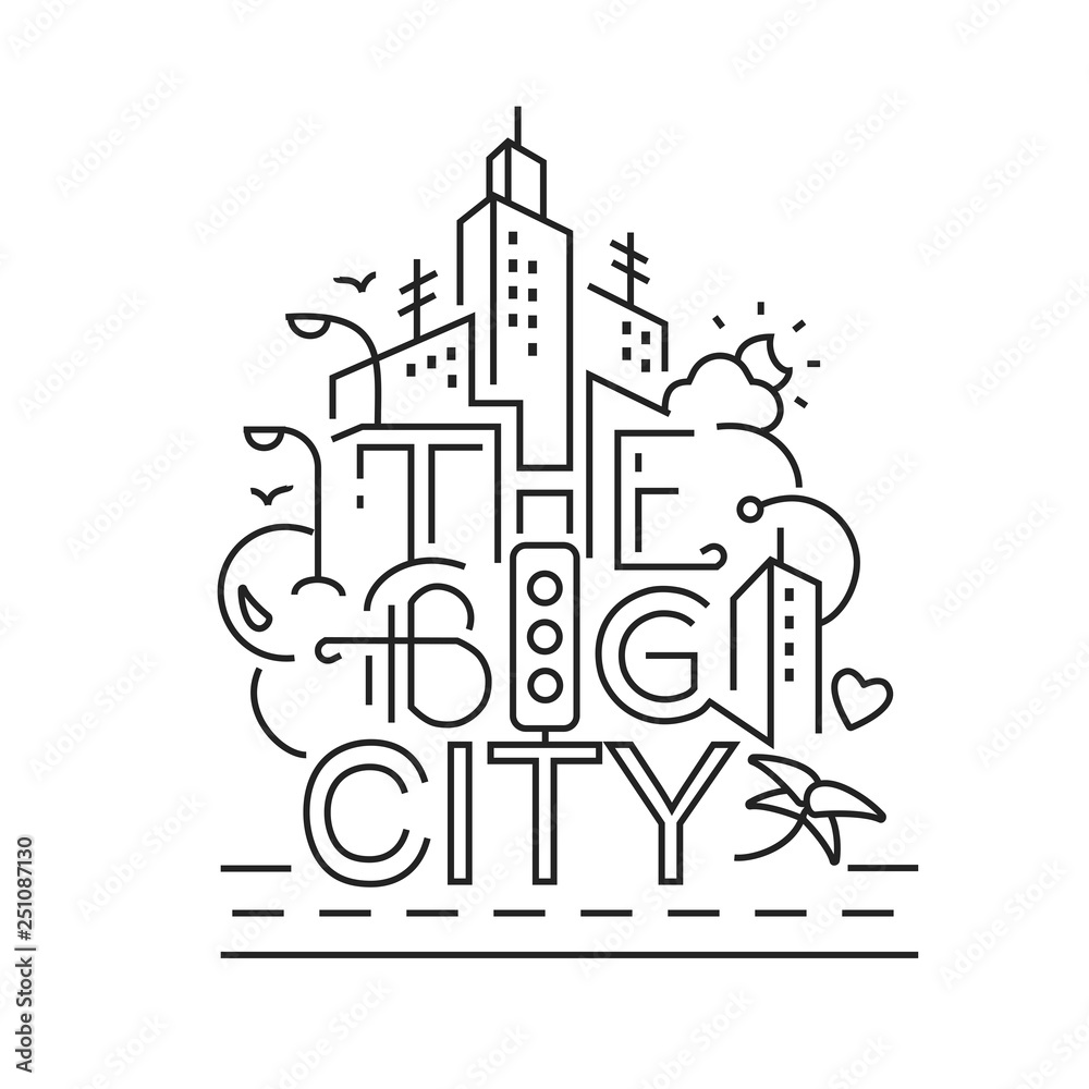 Big city elements in line style. Cityscape with buildings, skyscrapers. Vector illustration