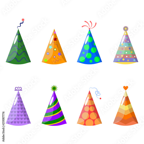 Set of birthday party hat isolated on blue background. Carnival festive cap for celebration holiday. Happy new year, christmas concept. Vector cartoon design