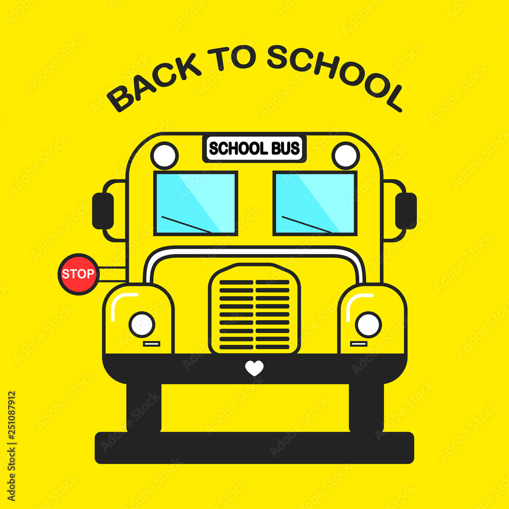 Yellow school bus in front view with stop sign isolated on background. Education, teaching concept. Vector flat cartoon design