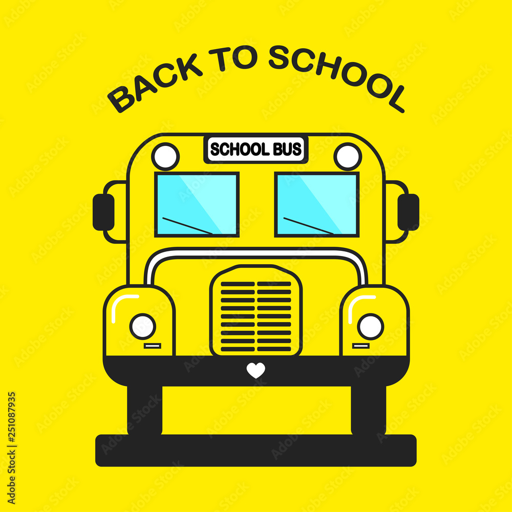 Yellow school bus in front view isolated on background. Education, teaching concept. Vector flat cartoon design