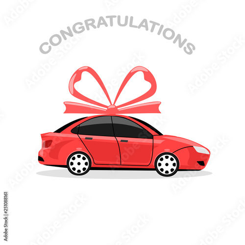 Red auto with bow isolated on white background. Car, automobile icon. Business sedan. Gift, present, new purchase concept. Vector flat design