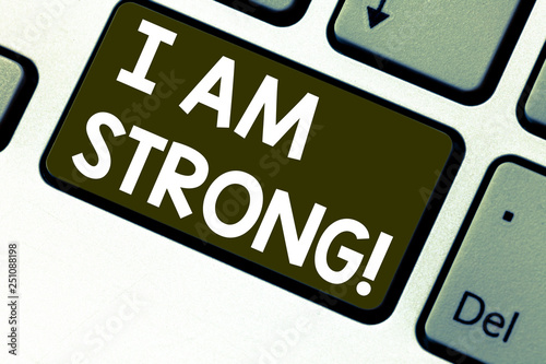 Text sign showing I Am Strong. Conceptual photo Have great strength being healthy powerful achieving everything Keyboard key Intention to create computer message pressing keypad idea photo