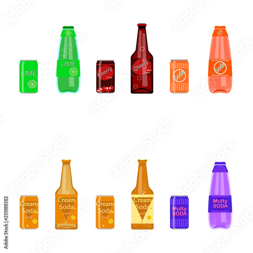 Set of soda and bottle of cola in aluminum can isolated on white background.  Cold drinks icon. Vector flat illustration
