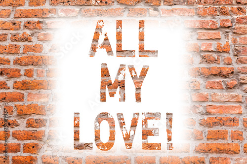 Text sign showing All My Love. Conceptual photo The whole affection and good feeling for you Roanalysisce happiness Brick Wall art like Graffiti motivational call written on the wall photo
