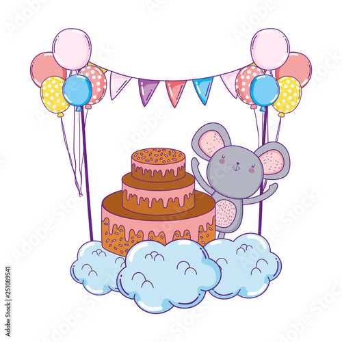 mouse with sweet cake and balloons helium
