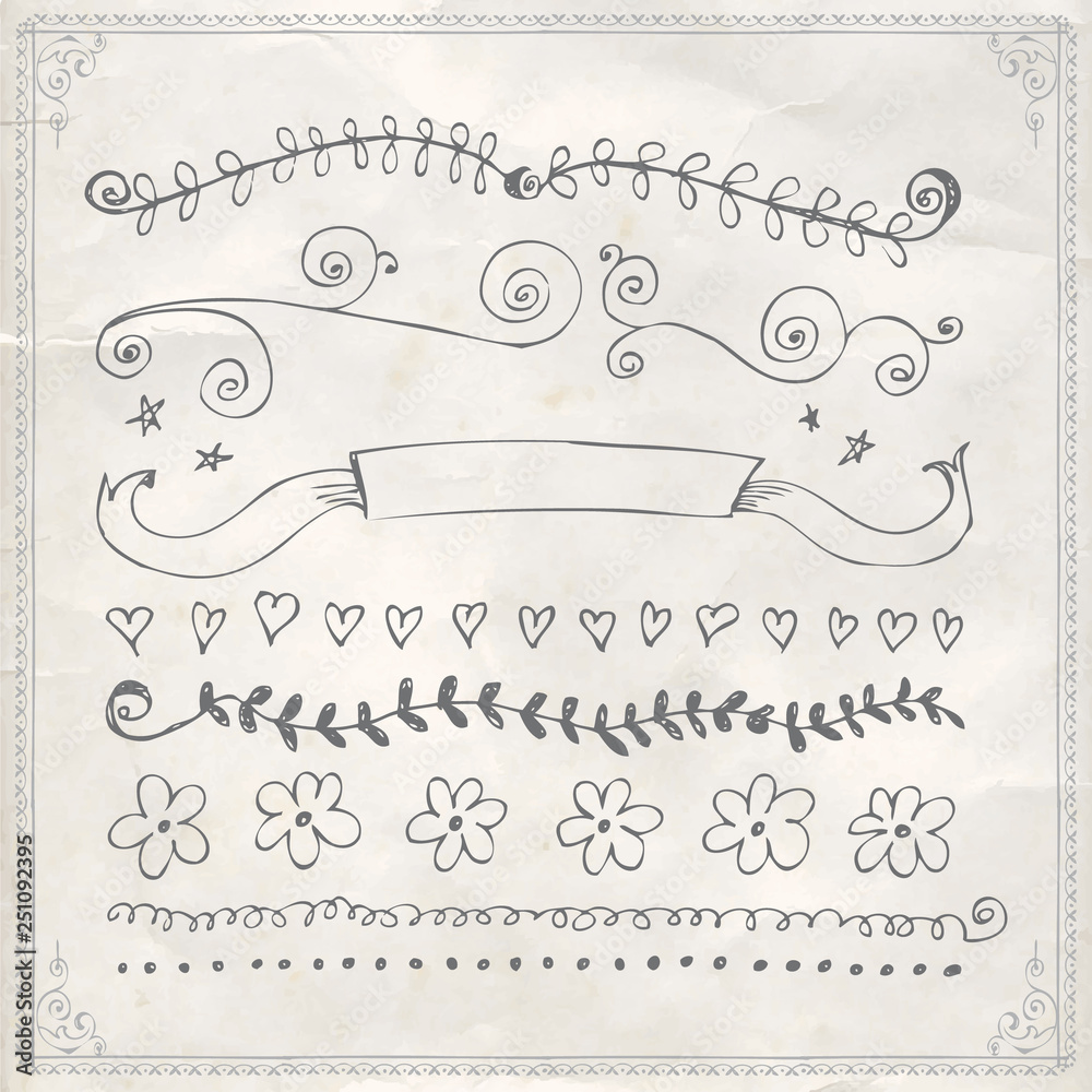 Hand drawn line border frame design elements set Hand drawn line border frame design elements set
