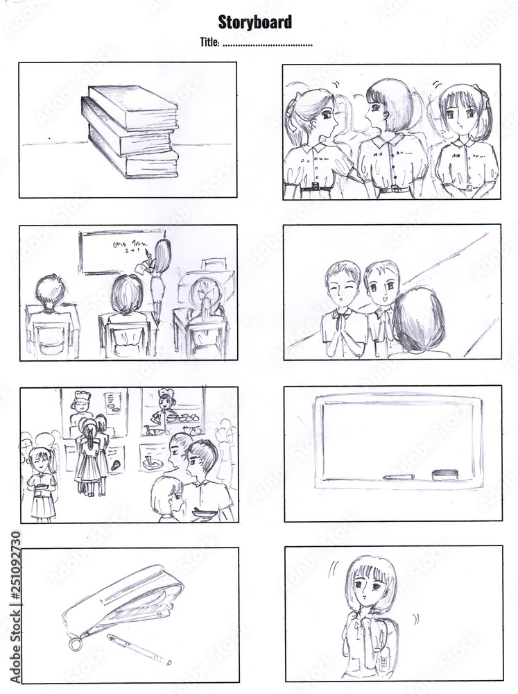 Drawing storyboard designer development animation comic carton in school,  Pre-production for film movie story about study in classroom, item, people  in education concept design creative scene layout Stock Photo | Adobe Stock