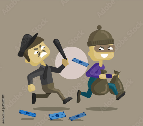 Vector cartoon illustration of a police officer and thief