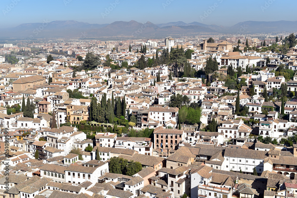 Aerial view of Albayzin (Albaicin) old moorish quarter. Granada, Andalusia, Spain