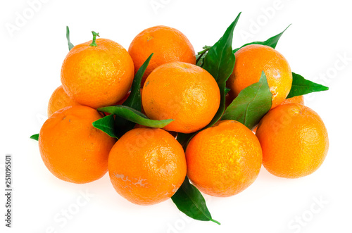 Bunch of fresh tangerines with leaves isolated on white background