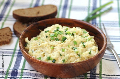 homemade crumpled potatoes with cabbage and green onions. Colcannon Irish Mashed Potatoes St Patrick day food. puree with green onions