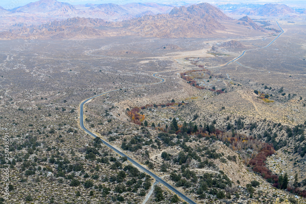 Aerial view of Whitney Portal Road and the Inyo Valley near Lone Pine, California, USA