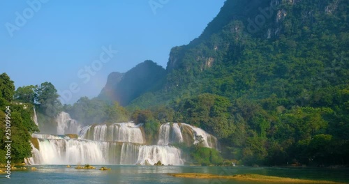 Beautiful waterfall rainbow. Ban Gioc waterfall or Detian waterfall is a collective name for two waterfalls in border Cao Bang, Vietnam and Daxin County, China. Amazing landscape in Vietnam and China photo