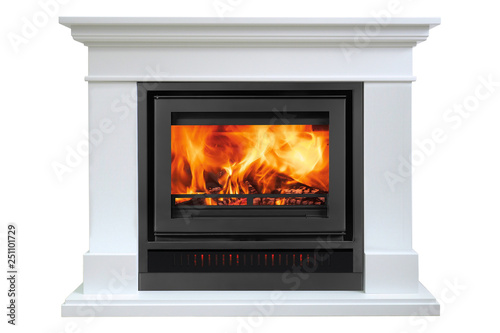 Burning white fireplace isolated on white background