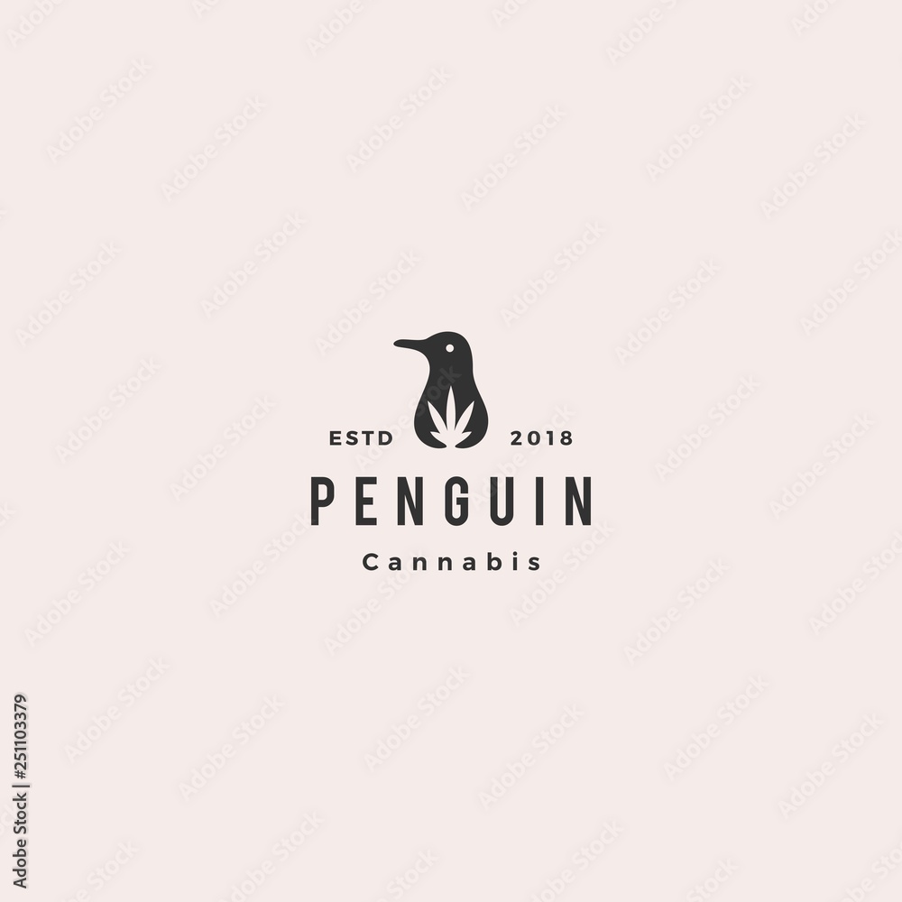 Obraz premium penguin cannabis CBD oil hemp leaf logo hipster vintage retro vector icon illustration