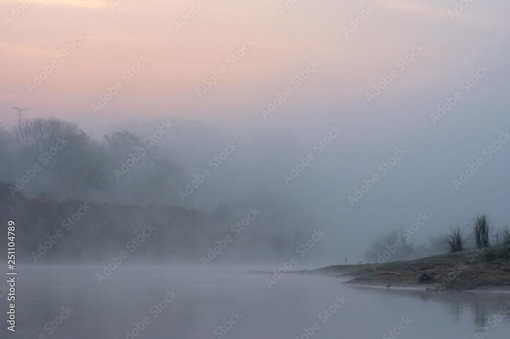 Morning Mist in the Sunrise over River