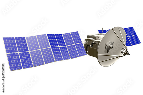 Fototapeta Naklejka Na Ścianę i Meble -  Industrial illustration of cosmic satellite with big sun power panels isolated on white - 3D Illustration