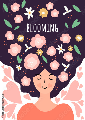 Spring vector illustration with woman with flowers. Concept of happy living and positive thinking. Blooming phrase.