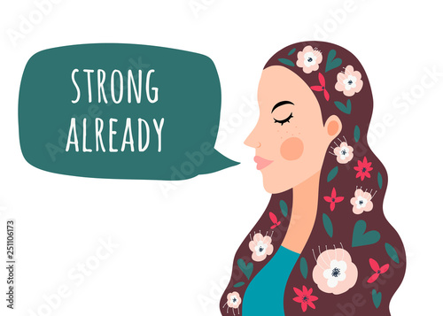 Vector illustration with strong woman with flowers . Concept of struggle for freedom and equality, feminism.