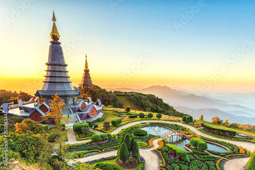 Landscape of two pagoda at the Inthanon mountain at sunset, Chiang Mai, Thailand. © Phutthiseth