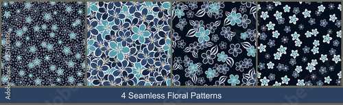 Set_of_patterns_024Seamless vector floral patterns abstract tiny flowers in blue and white colors on black background. Set of ditsy floral prints