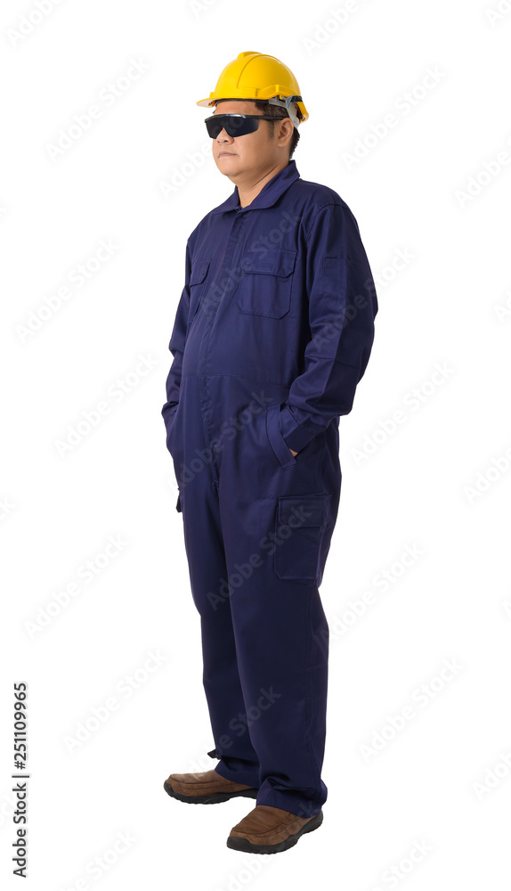 Full body portrait of a worker in Mechanic Jumpsuit isolated on white background Full body portrait of a worker in Mechanic Jumpsuit isolated on white background