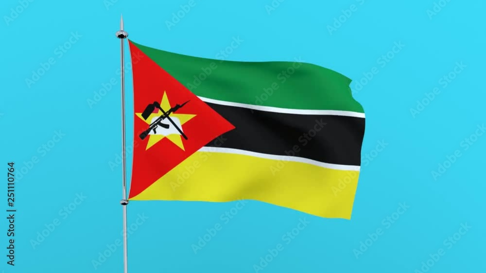Flag of the country Mozambique flutters on blue background. 3D rendering Flag of the country Mozambique flutters on blue background. 3D rendering