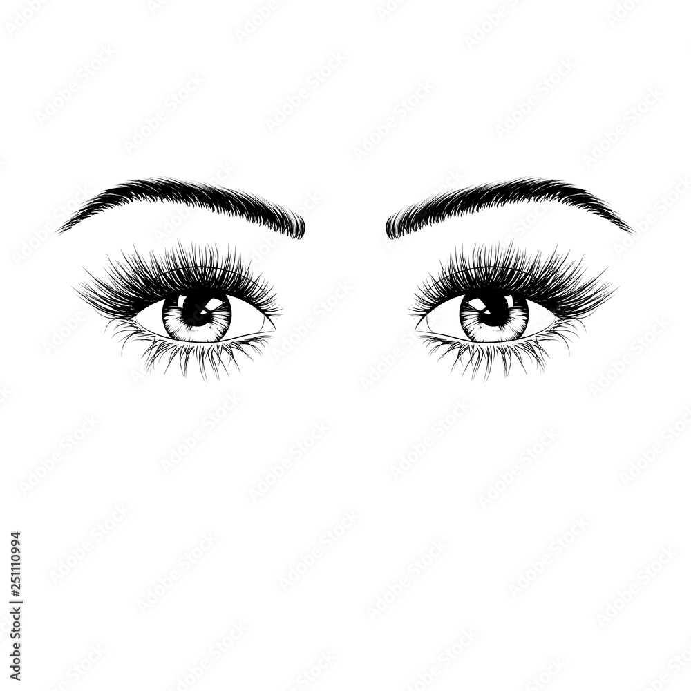 Hand drawn female eyes silhouette. Eyes with eyelashes and eyebrows. Vector illustration isolated on white background