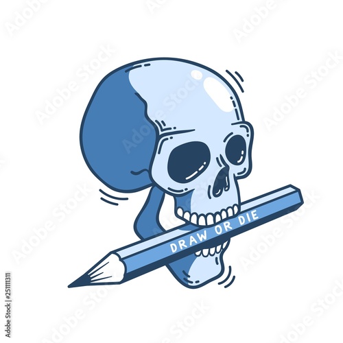 Skull with a pencil in his teeth