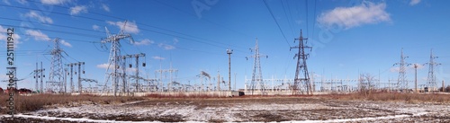 Panoramic image of winter high voltage substation. © rdaniluk