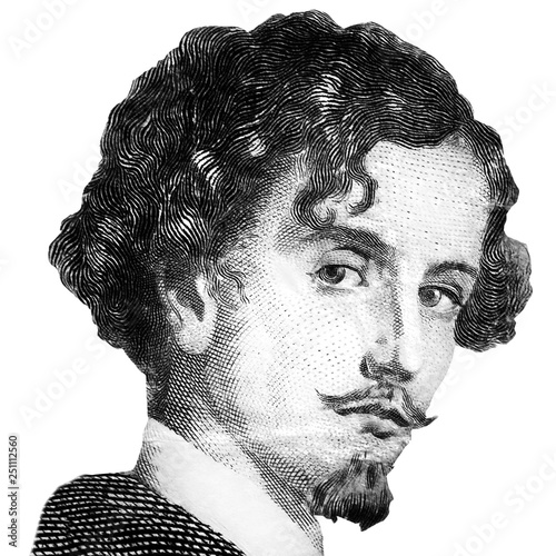 Famous Spanish writer Gustavo Adolfo Becquer portrait isolated on white background. Black and white image photo