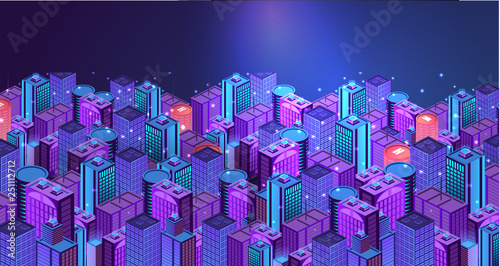 Futuristic night city. Cityscape on a dark background with bright and glowing neon purple and blue lights.Vector illustration