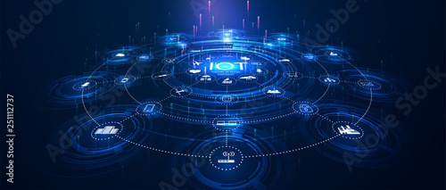 landing page IoT. Internet of things  devices and connectivity concepts on a network. Spider web of network connections with on a futuristic blue background. IOT icons photo