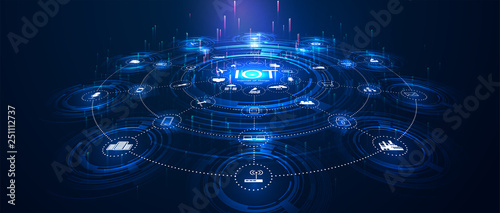 landing page IoT. Internet of things  devices and connectivity concepts on a network. Spider web of network connections with on a futuristic blue background. IOT icons