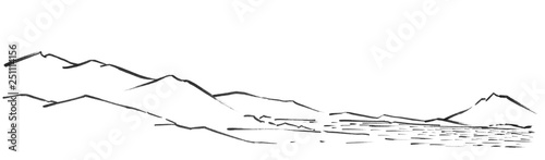 volcanic mountain ranges on the shores of a lake or ocean. Desert lifeless landscape. Hand-drawn linear sketch with ink.