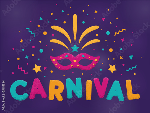  Carnival purple, blue and yellow text with masquerade mask. Venetian carnival, Mardi Gras, Brazil carnaval. Popular Event in Brazil. Carnaval title with colorful party elements. Vector illustration