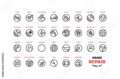 Home repair and building icons set in thin line style