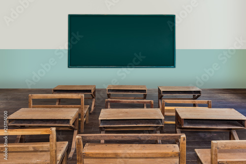 Antique classroom in school with Rows of empty wooden desks