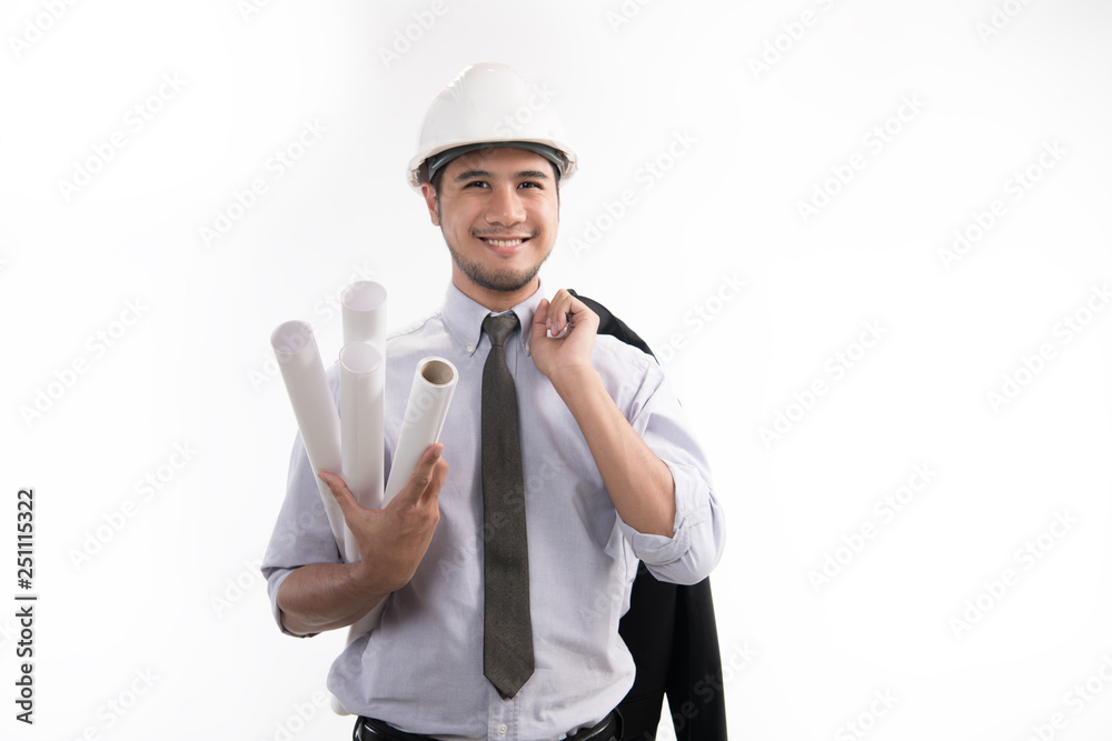 Portrait of asian engineer or architect holding blueprint smiling and look at the camera isolated on white background Portrait of asian engineer or architect holding blueprint smiling and look at the camera isolated on white background