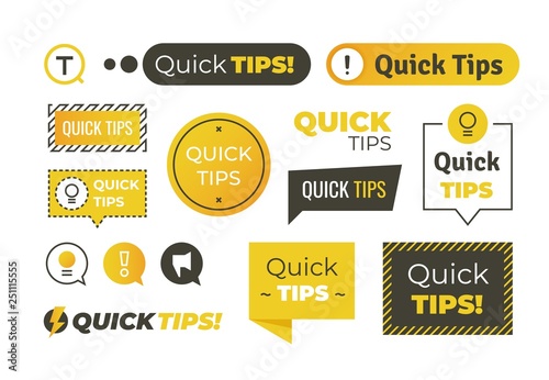 Quick tips shapes. Helpful tricks logos and banners, advices and suggestions emblems. Vector quick helpful tips set photo