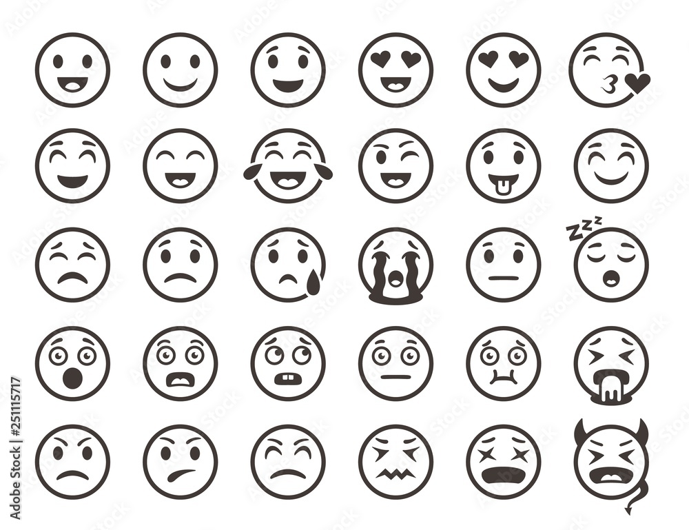 Emoticons outline. Emoji faces emoticon funny smile vector line icons set  Stock Vector | Adobe Stock