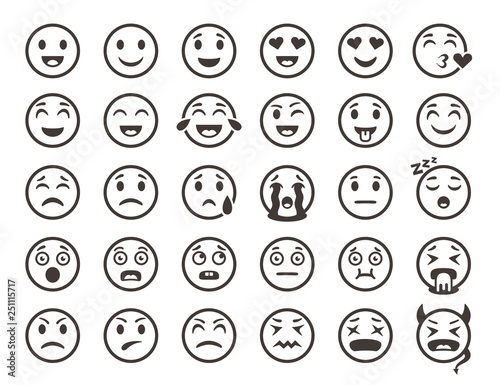 Emoticons outline. Emoji faces emoticon funny smile vector line icons set