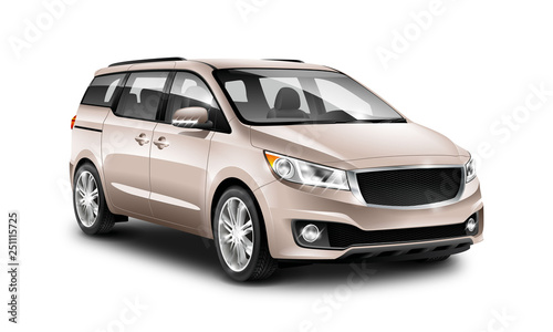 Copper Generic Minivan Car On White Background. MUV, MPV Or High Roof Family Automobile. Perspective View Illustration With Isolated Path. photo