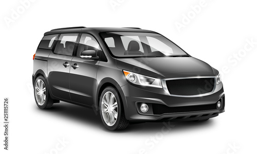 Black Generic Minivan Car On White Background. MUV  MPV Or High Roof Family Automobile. Perspective View Illustration With Isolated Path.
